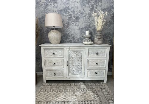 Indian Hand Carved White Mango Wood Decorative Sideboard