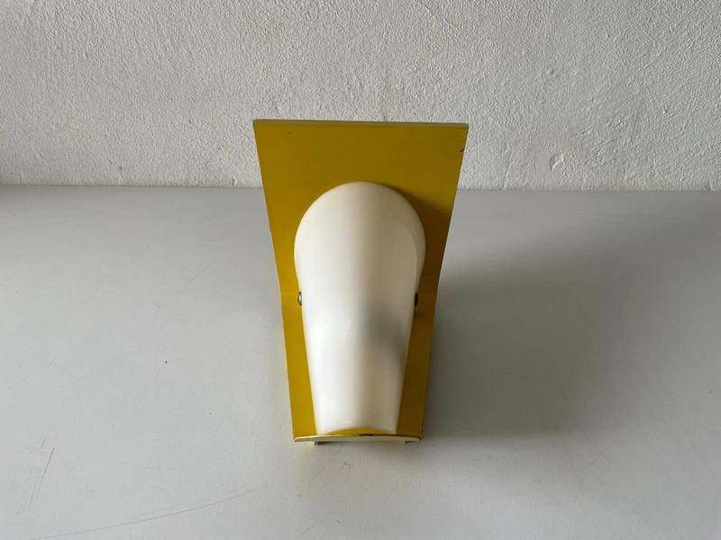 Unusual Yellow Metal Frame With Curved Plexiglass Shade Sconce, 1950s