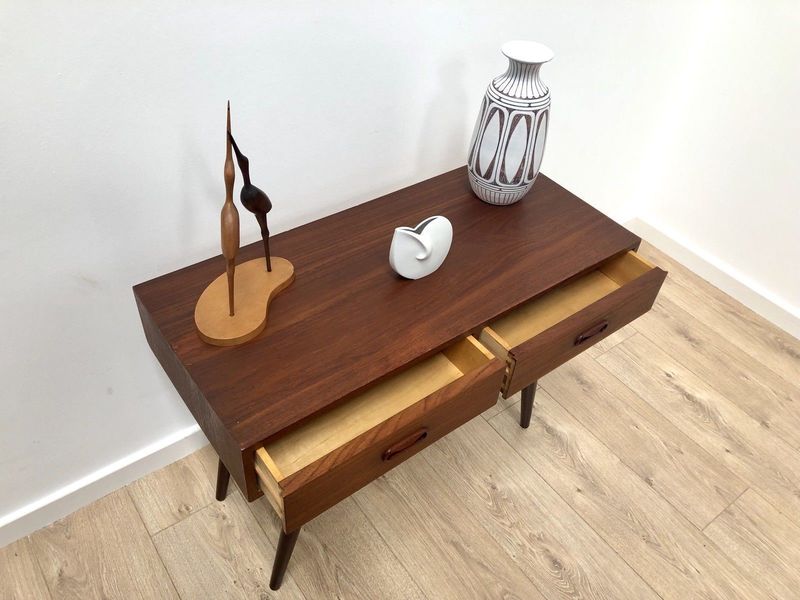 Mid Century Vintage Danish Teak Low Console Side Table With Drawers Vinterior