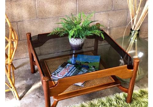 Mcm Guy Rogers Floating Smoked Glass Square Coffee Table With Cane Magazine Rack
