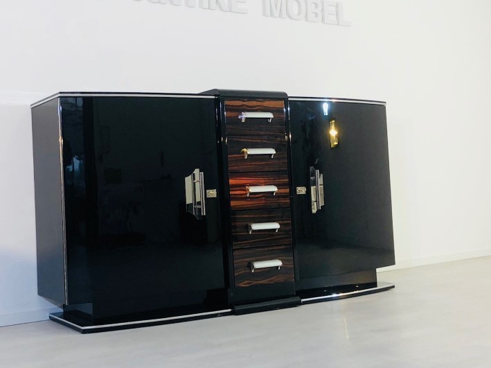 Curved Art Deco Sideboard With Macassar And Chrome Details photo for sale