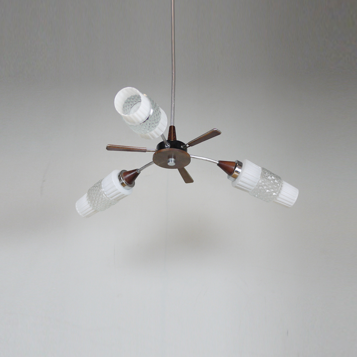 Vintage Chandelier Glass Wood Three Arm Space Age Lighting Mid