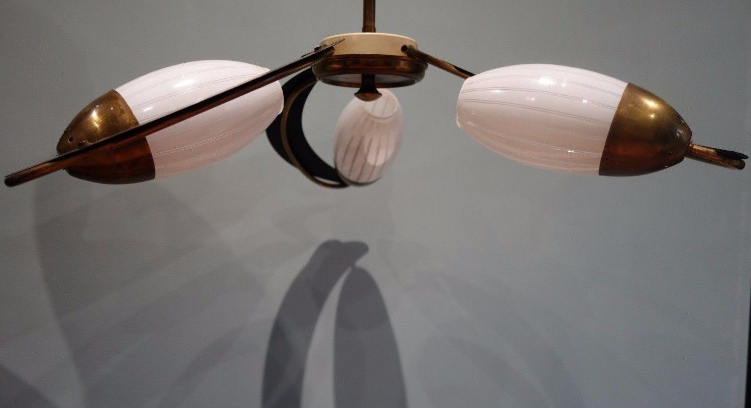 Retro Vintage Mid Century Brass Ebonised Black Three Arm Ceiling