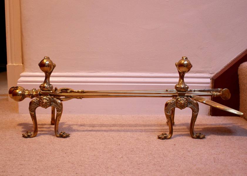 Antique Brass Fire Dogs And Fire Tools | Vinterior