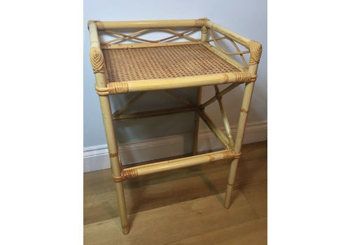 Vintage 1970s Wicker Bamboo Rattan Cane Bedside Side Table With Glass