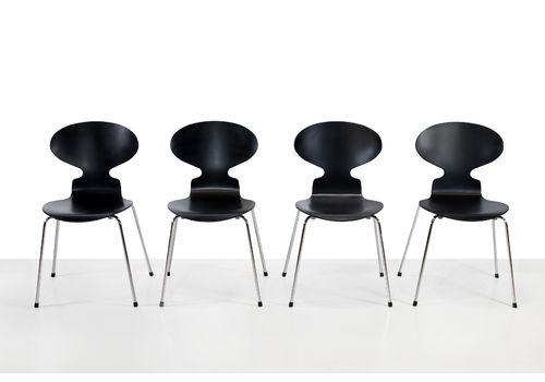 Set Of Four Black Arne Jacobsen Ant Chairs For Fritz Hansen, Denmark 1980