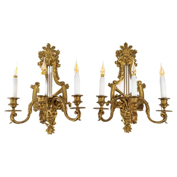 Pair Of 19th Century Gilt Bronze Lyre Sconces