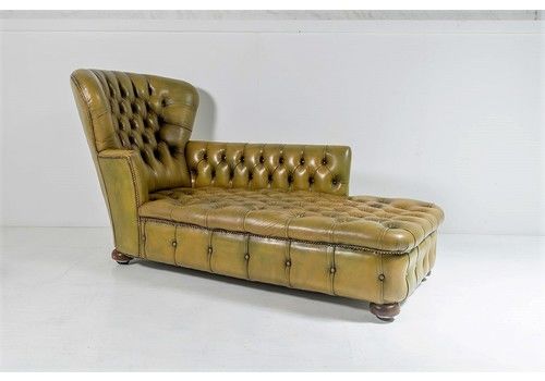 A Wonderful Victorian Green Leather Chesterfield Deep Button High Back Daybed Chaise