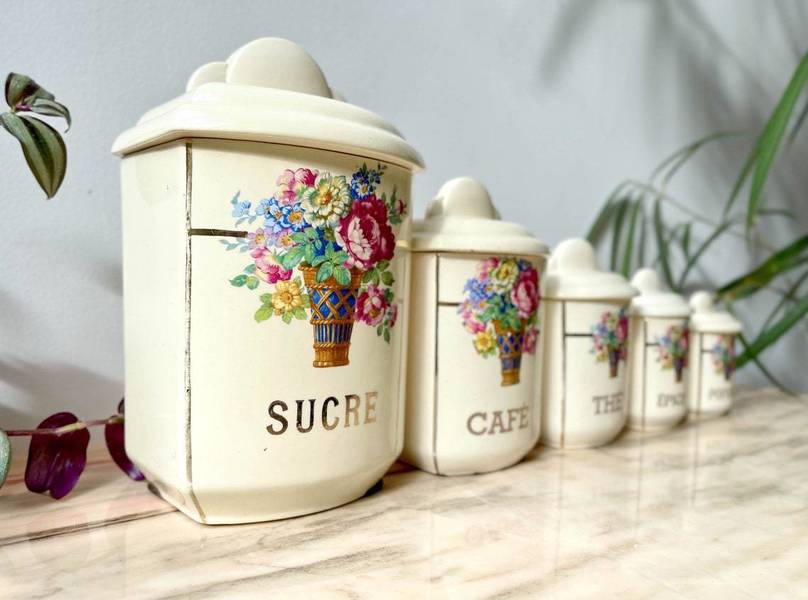 Digoin Sarreguemines Spice Jars ~ Set Of Jars ~ Kitchen Storage ~ Vintage Tableware ~ Storage Boxes ~ Sugar ~ Coffee ~ Tea ~ Spice photo furniture
