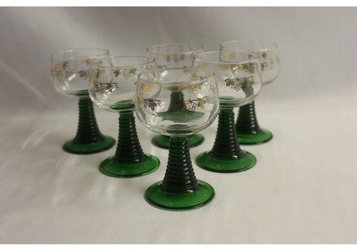 Set Of 6 Vintage French Luminarc 'Roemer' Wine Glasses With Green Ribbed Stems