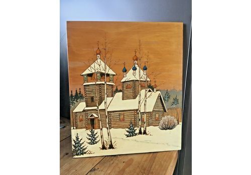 60's Ussr Church In Snow Wooden Pokerwork Panel Winter Scene Painting Soviet Art