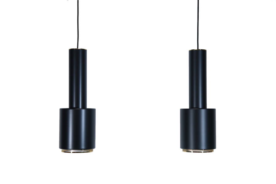 Set Of 2 Alvar Aalto A110 Hand Grenade Pendant Lamps In Black With Brass Detail