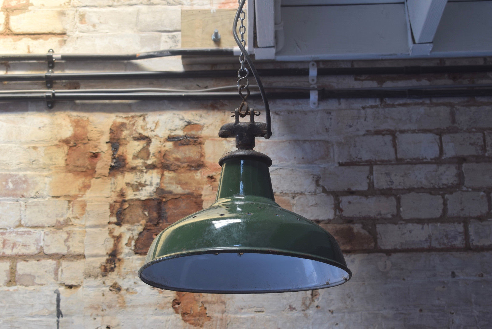 Vintage Green Enamel Industrial Light Shade With Gallery And Chain