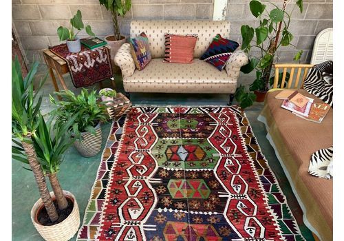 Vintage Turkish Kilim 348x154 Cm Wool Kelim Rug Large Red, Black, Green