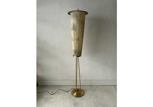 Wonderful Mid Century Modern Brass And Illustrated Fabric Floor Lamp, 1950s