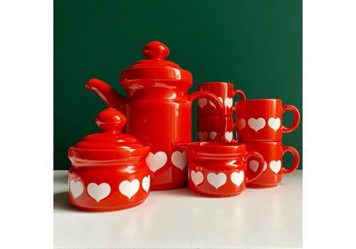 Vintage Waechtersbach Germany White Hearts Tea Set | 1970s West German Red Coffee Pot W/ Matching Cups & Saucers