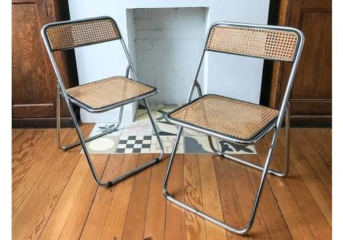 Midcentury Chrome And Cane Folding Castelli Chair, Made In Italy