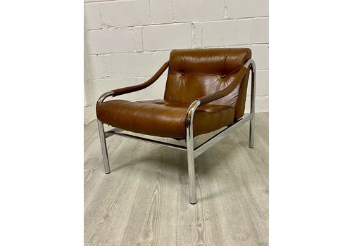 Midcentury Armchair Vintage Pieff Beta Leather Chrome