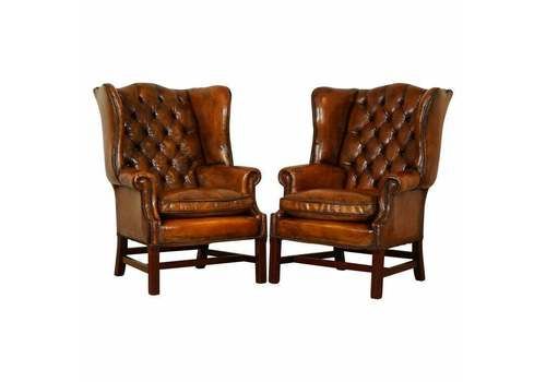 Pair Of Fully Restored Hand Dyed Chesterfield Wingback Chairs With Feather
