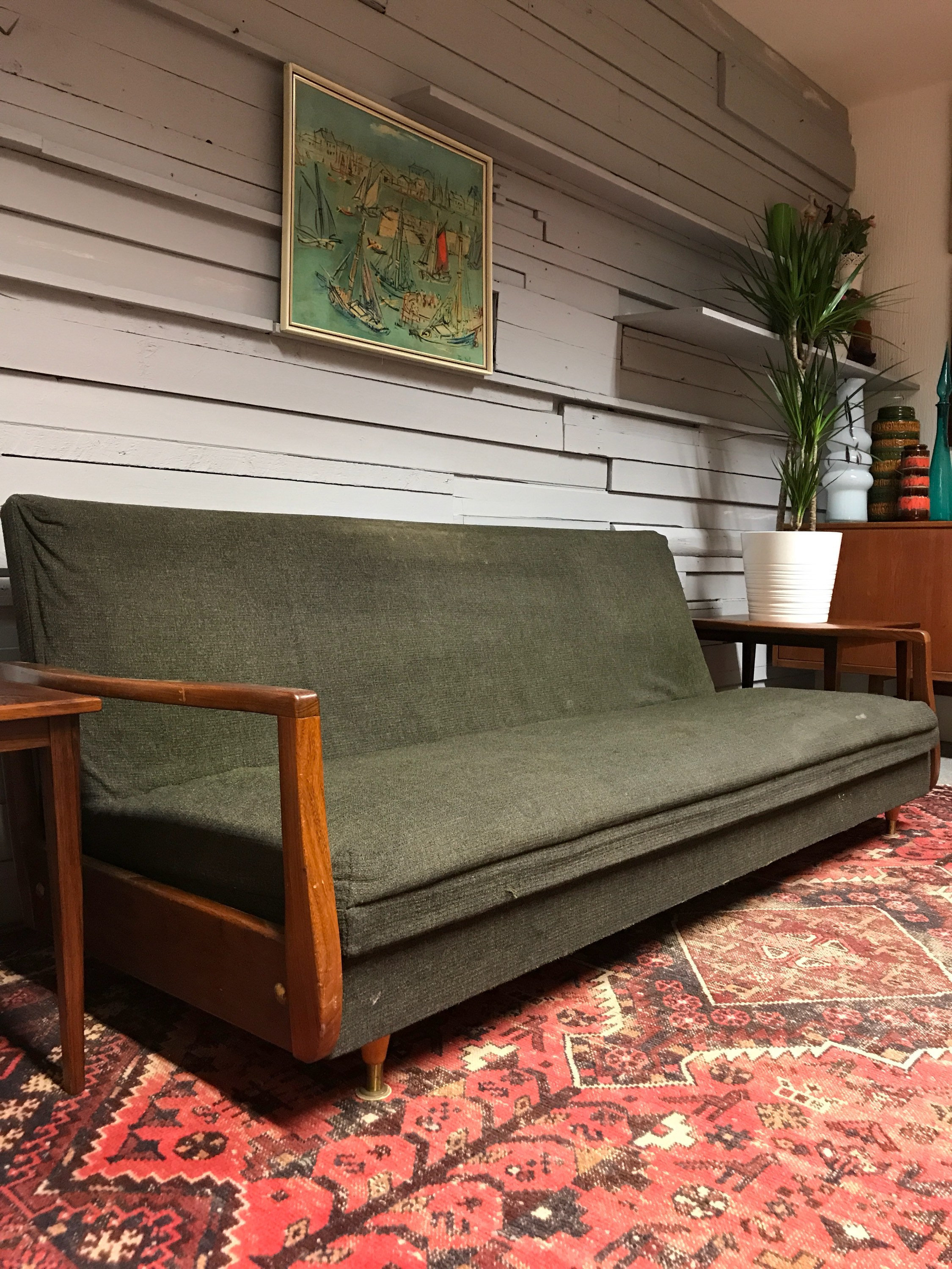Teak Framed Mid Century Sofa Bed Retro Vintage Mid Century
