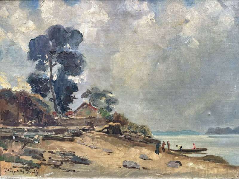 Impressionist Oil On Canvas Beach Scene Jeno Karpathy