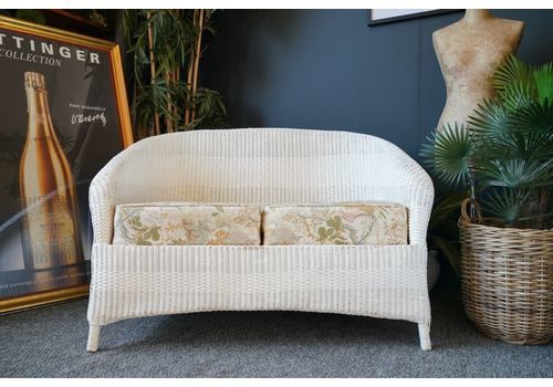 Mid Century High Backed Lloyd Loom Style Wicker Rattan White Garden/Conservatory Two Seater Sofa