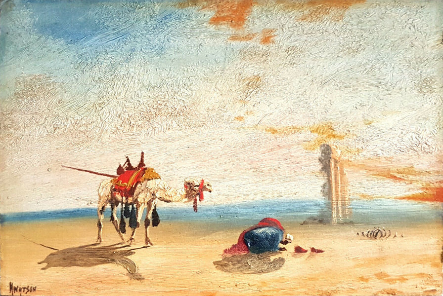 Oil On Board Signed H Watson. Desert Scene With A Bedouin At Prayer