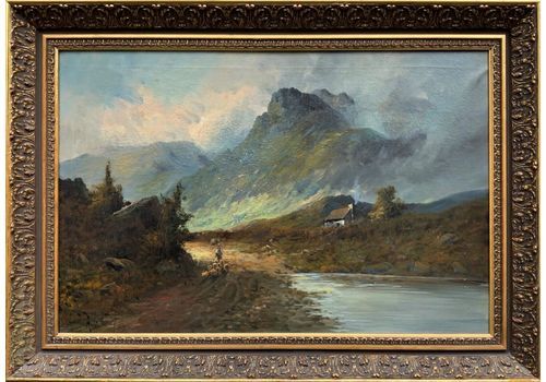 Beautiful Early 1900s Scottish Mountainous Highland Sheep Drover Oil Painting