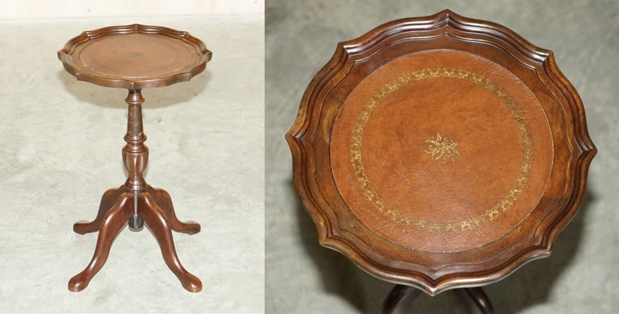 4 Legged Mahogany Pie Crust Edge Brown Leather Tripod Side End Lamp Wine Table