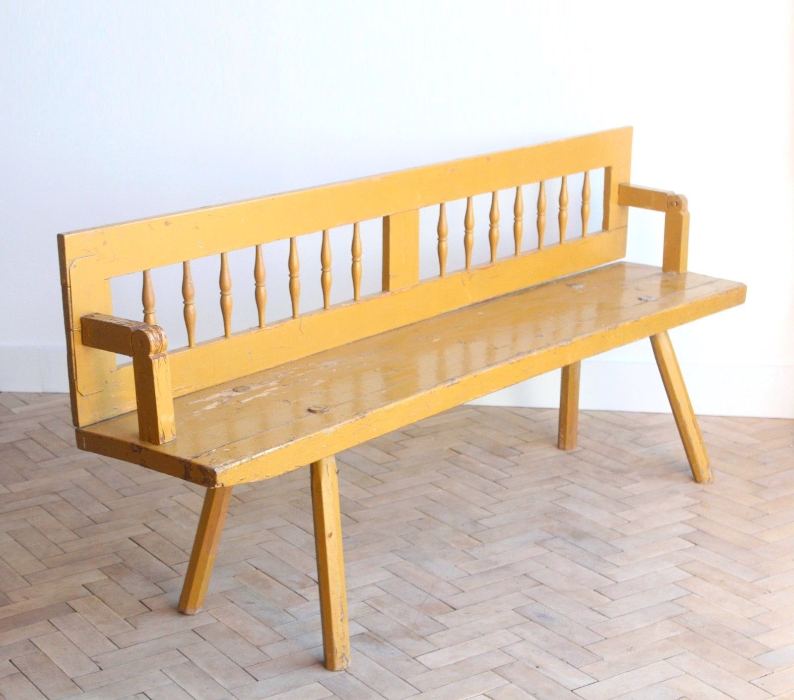 Vintage Folky Wooden Mustard Yellow Stick Back Garden Bench | Vinterior