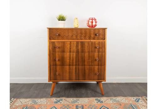 Mid Century Walnut Chest Of Drawers By Uniflex Vintage Retro Furniture