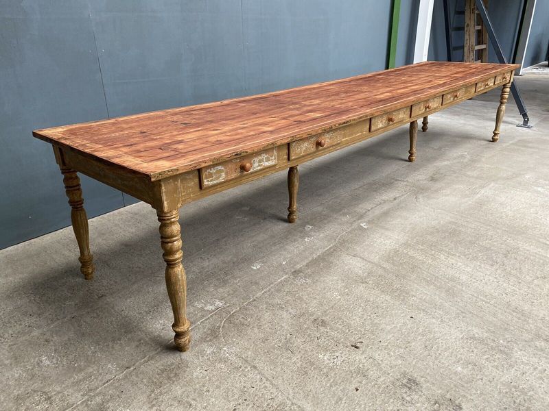 Antique French Pine Large Mairie Refectory Dining Table, 20 Seat. 4m