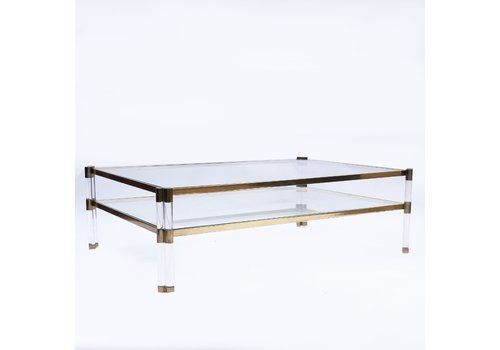 Plexiglass Glass And Brass Large Italian Coffee Table 1970s