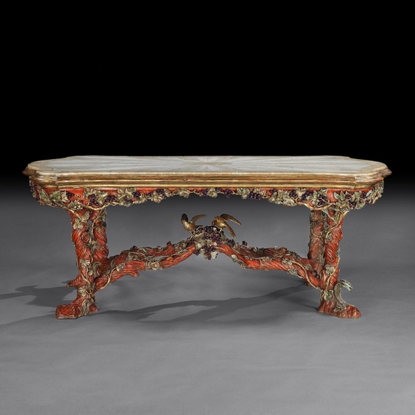 Outstanding Italian Carved Wood Polychrome Centre Table With Onyx Top By Amulet Bertoni photo furniture