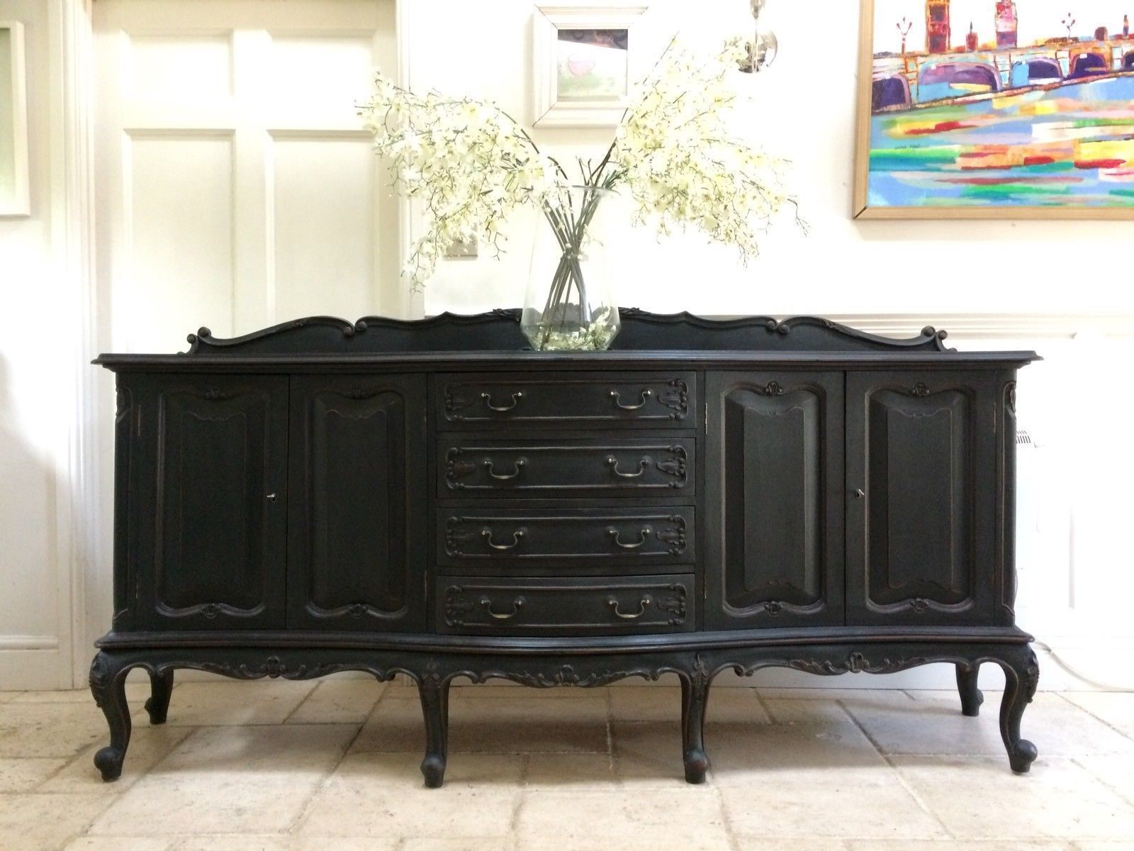 Vintage 7ft French Louis Style Black Painted Sideboard Server Cupboard Dresser Vinterior