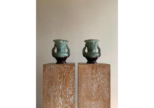 Pair Of Twin Handled Celadon Vases, Oriental Vintage Ceramic Pedestal Vase Or Urn Handmade With Drip Glaze, Mid Century