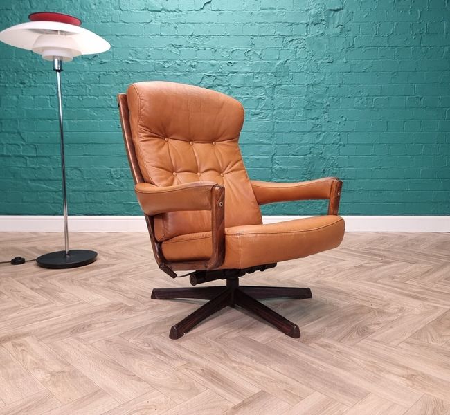 Mid Century Retro Swedish Tan Leather Reclining Lounge Arm Chair By