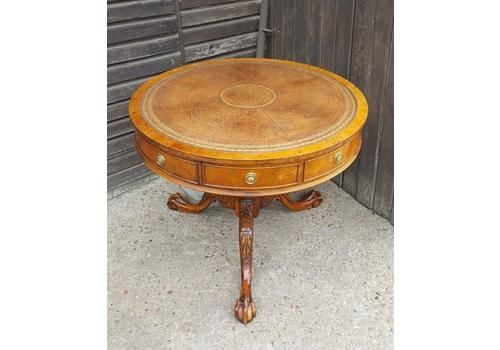 Burr Walnut Leather Top Drum Table
