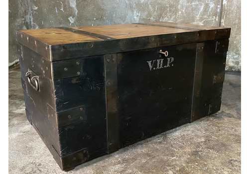Old Antique Black + Pine Military Chest, Bound Wooden Storage Trunk, Coffee Table, Rustic Industrial Box + Key
