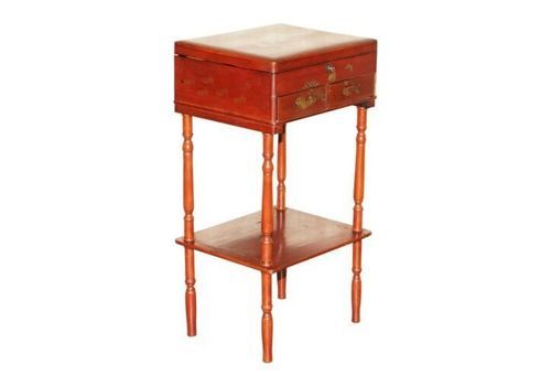 Anglo Japanese Red Lacquer Sewing Table With Famboo Legs With Fitted Interior