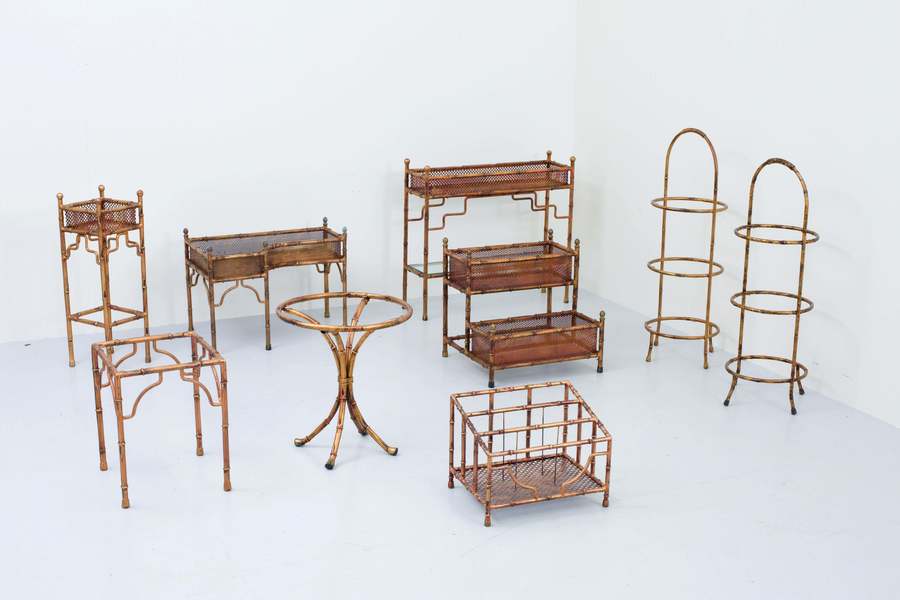 Set Of 9 Faux Bamboo Planters And Small Tables With Glass Top, France, 1970's photo furniture
