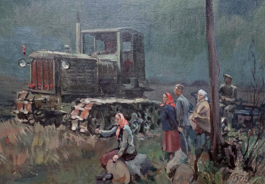 Jekabs Bine Afternoon. Workers With Tractor By The River. Oil On Canvas photo furniture