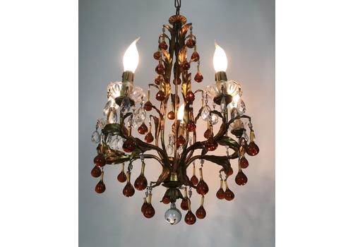 Large Gilt Toleware Chandelier With Murano Droplets