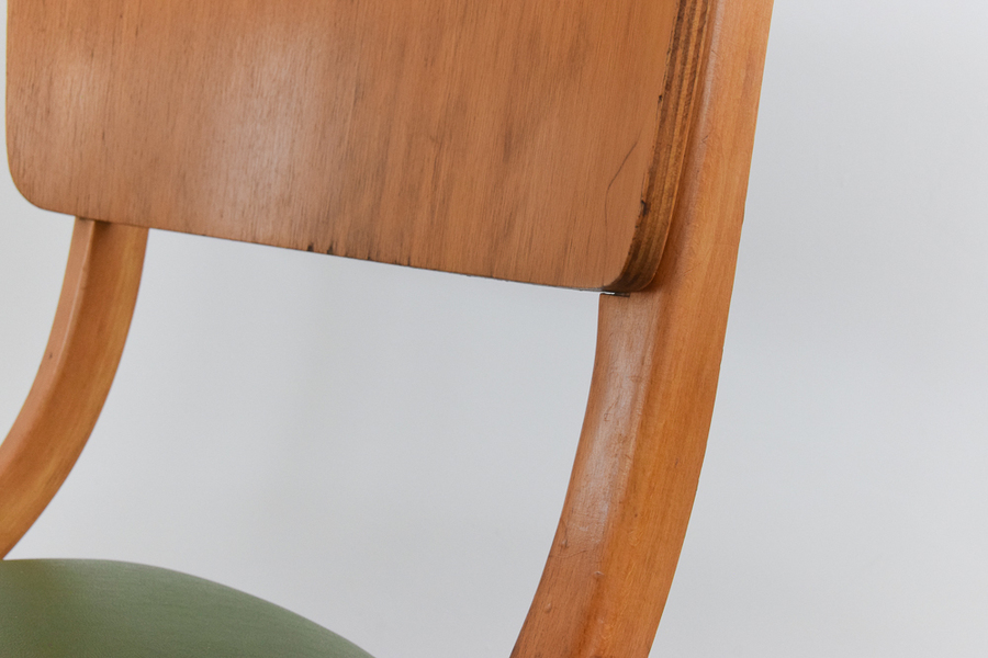 Vintage Pair Of Wooden Chairs With Green Vinyl Seats Made In Yugoslavia