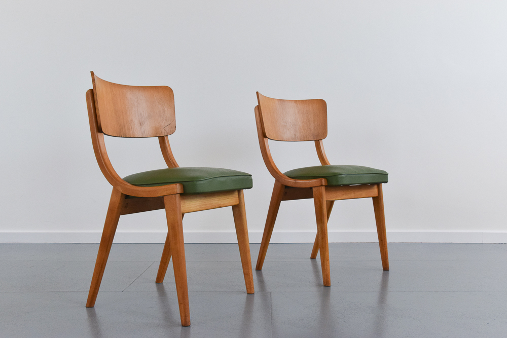 Vintage Pair Of Wooden Chairs With Green Vinyl Seats Made In Yugoslavia