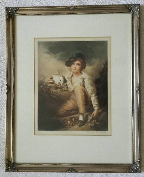 Sydney E. Wilson Signed Print Mezzotint Portrait Of Young Boy With Rabbit 1923