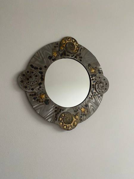 Swirly Wall Mirror In Hammered And Torched Steel, Handmade Vintage Mirror With Ripples, Shells, Stars & Ocean Motifs In A Unique Design
