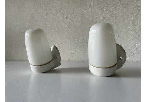 Opal Glass And Porcelain Bauhaus Pair Of Mirror Sconces By Wilhelm Wagenfeld For Lindner, 1950s, Germany