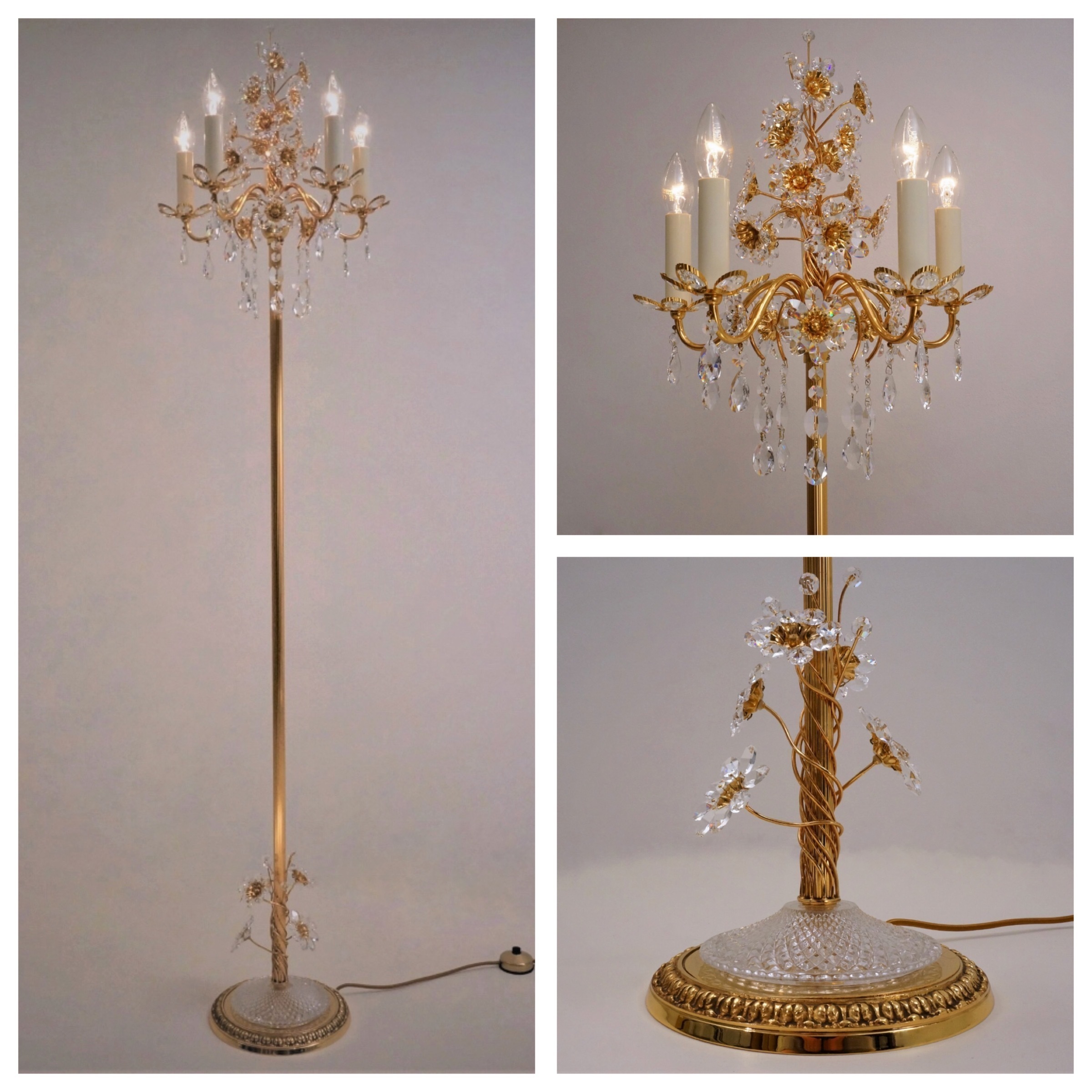 Palwa Floor Lamp 1970s Ca Crystal Flowers Beads Gilt Brass Frame