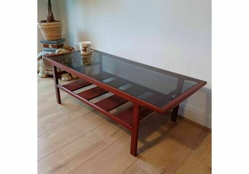 Retro 70s Smoked Glass Top & Wood Coffee Table Ladder Shelf
